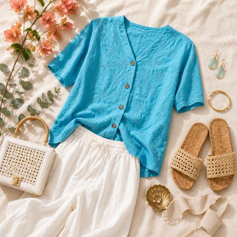 Vintage USA Cotton Embroidered Turquoise Blouse S
